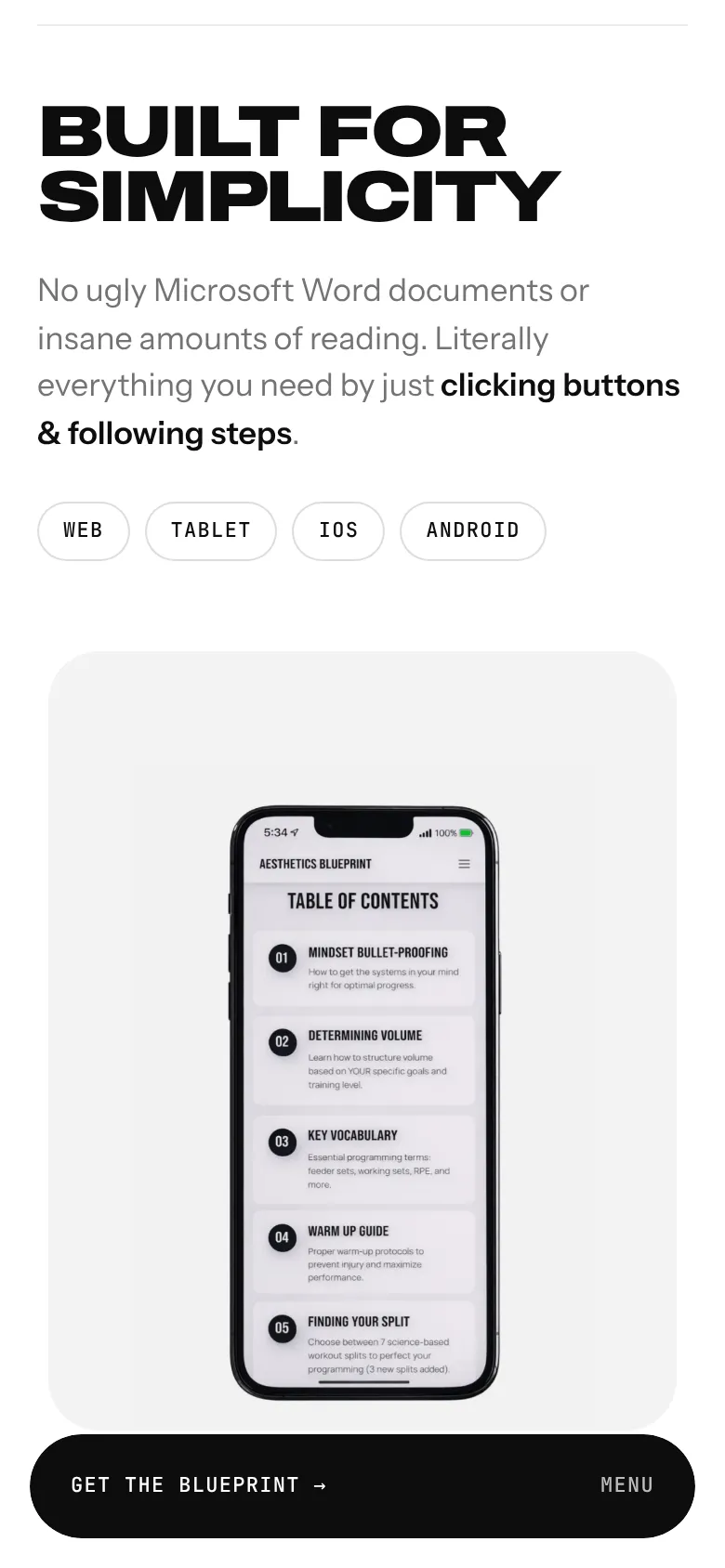 The app section on mobile
