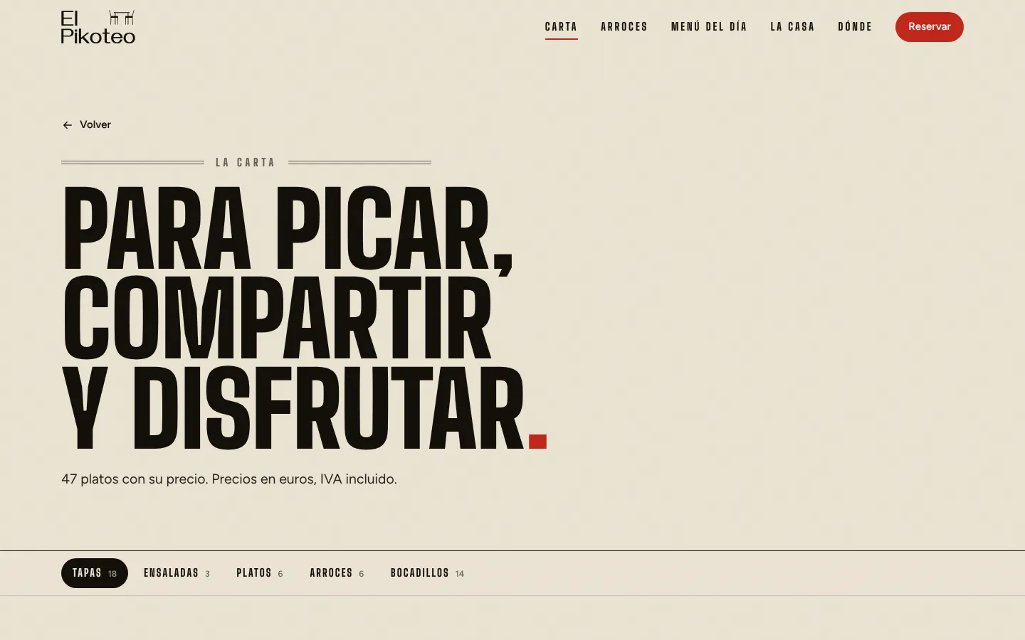 Menu page with the headline «Para picar, compartir y disfrutar» and tabs by category