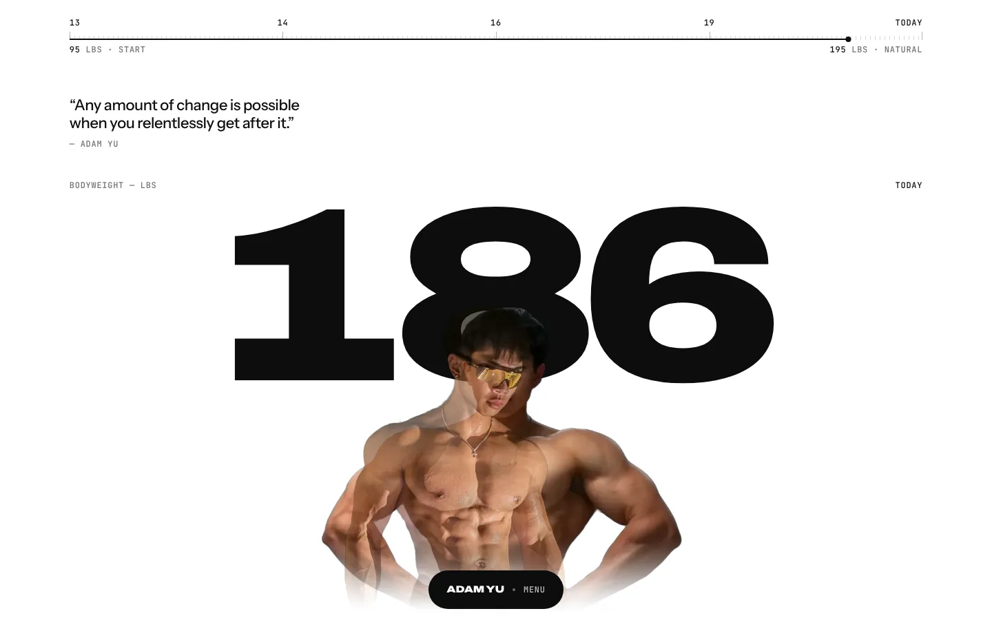 Landing page hero: the number 186 set large with Adam behind it and the timeline above
