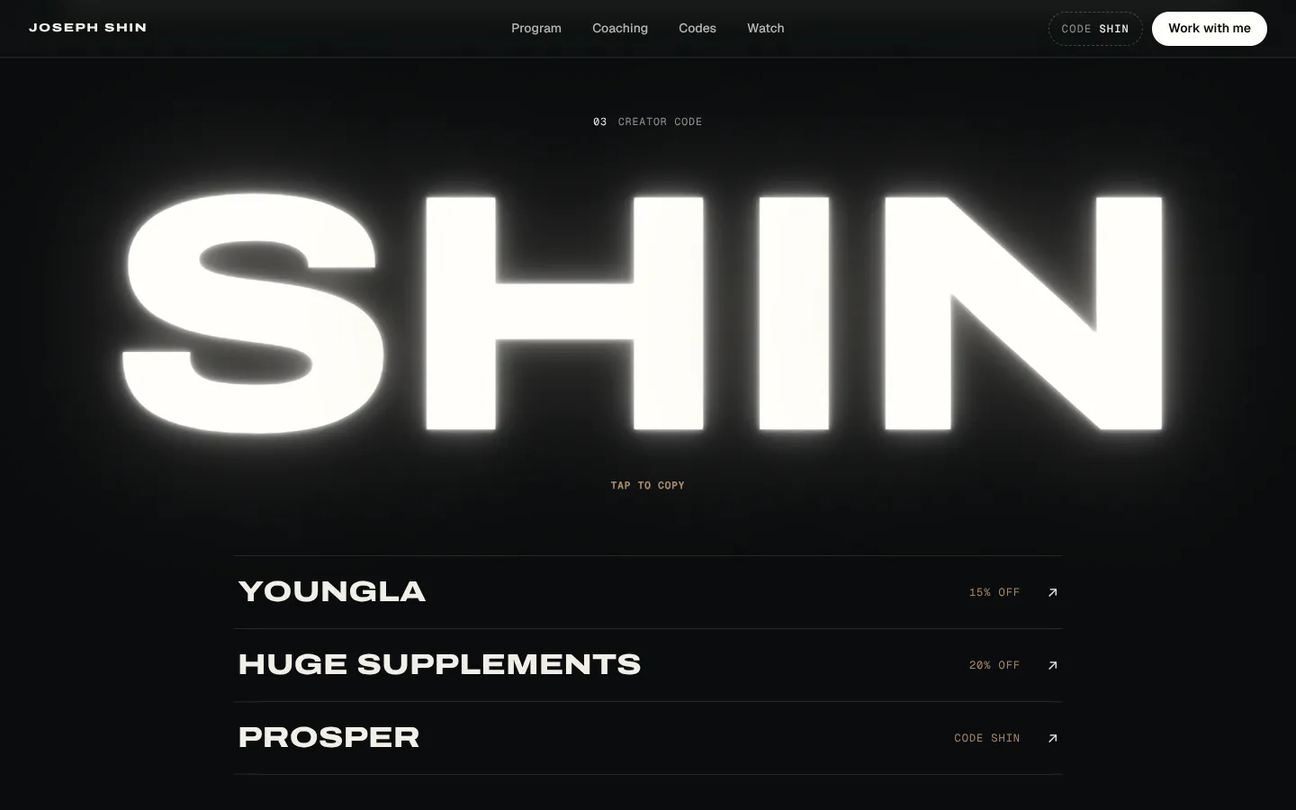 The SHIN code in huge letters and the brands with discounts: YoungLA, Huge Supplements and Prosper