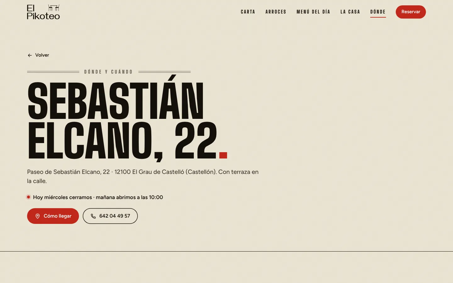 The «Sebastián Elcano, 22» page with the address, whether it’s open today and buttons to get directions and call