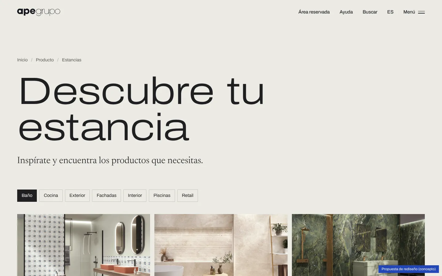 Search by room with filters for bathroom, kitchen, outdoor, facades, interior, pools and retail