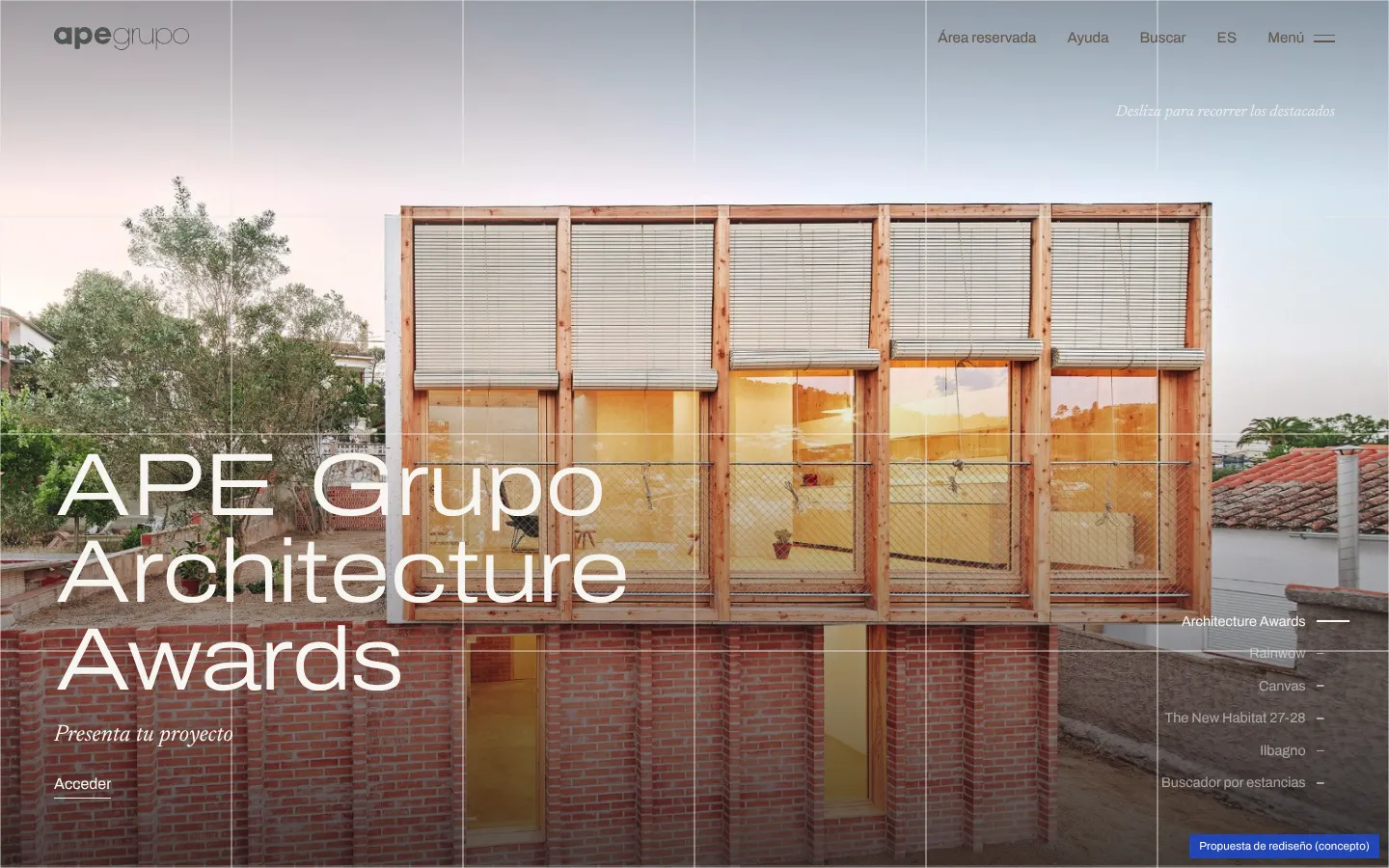 Home page of the APE Grupo redesign with a brick facade and the headline «APE Grupo Architecture Awards»