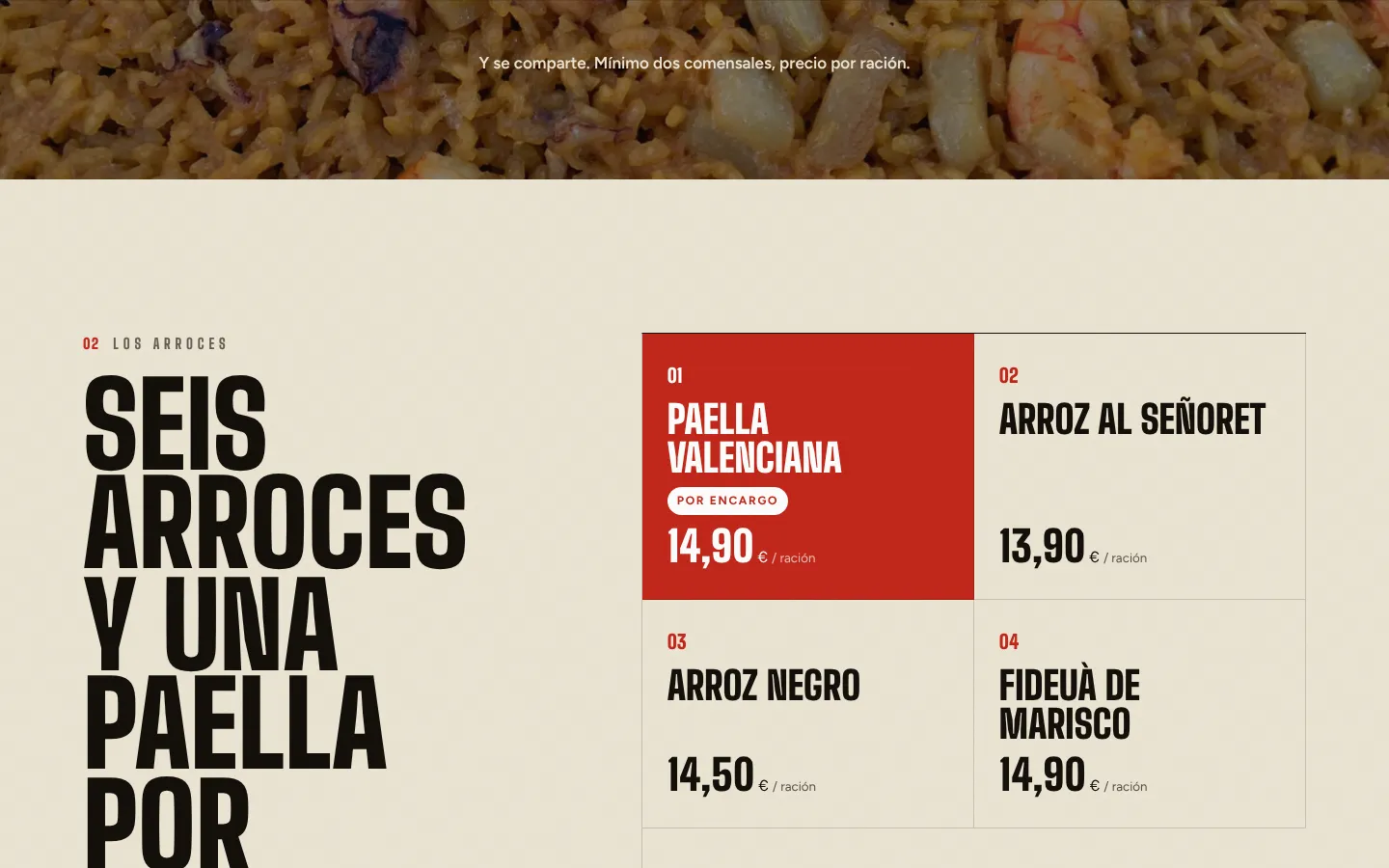 Rice dishes section with six price cards and the made-to-order paella valenciana highlighted in red