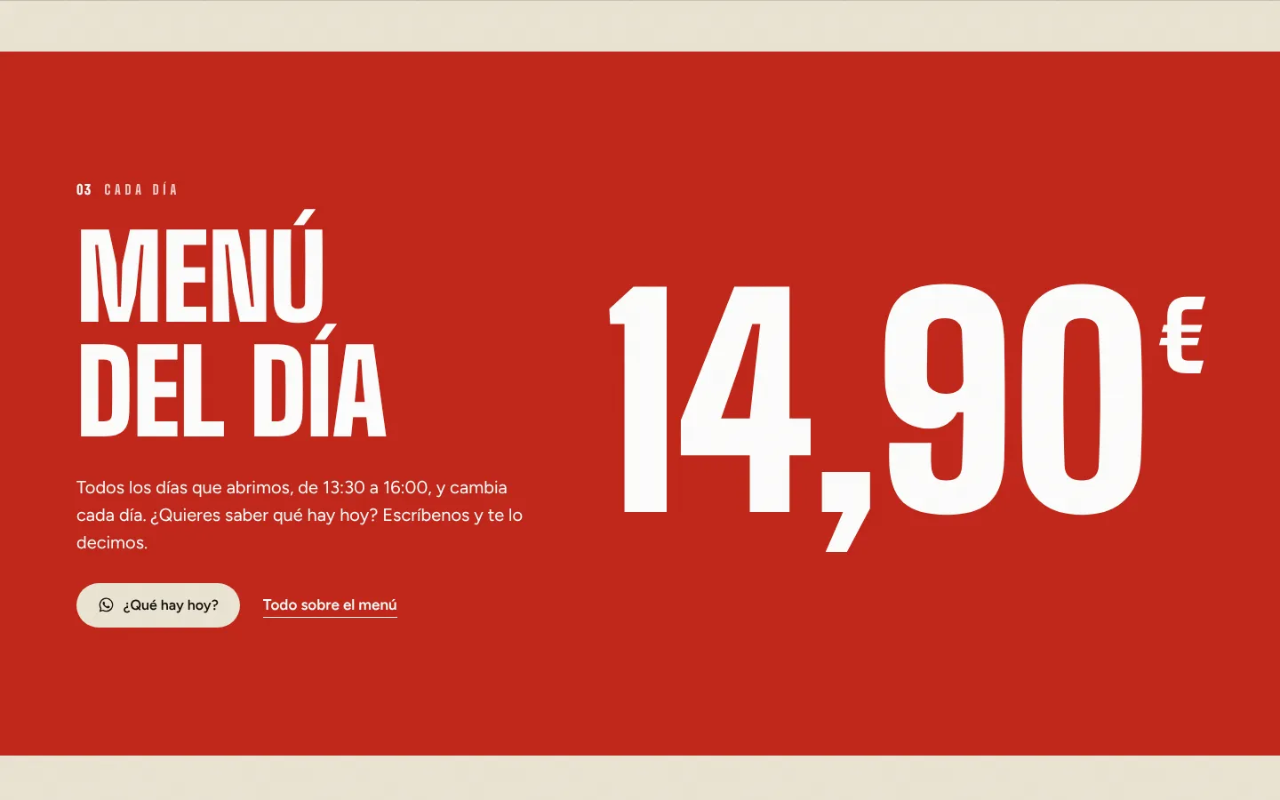Full-bleed red block with «Menú del día» and the price, 14,90 €, set large
