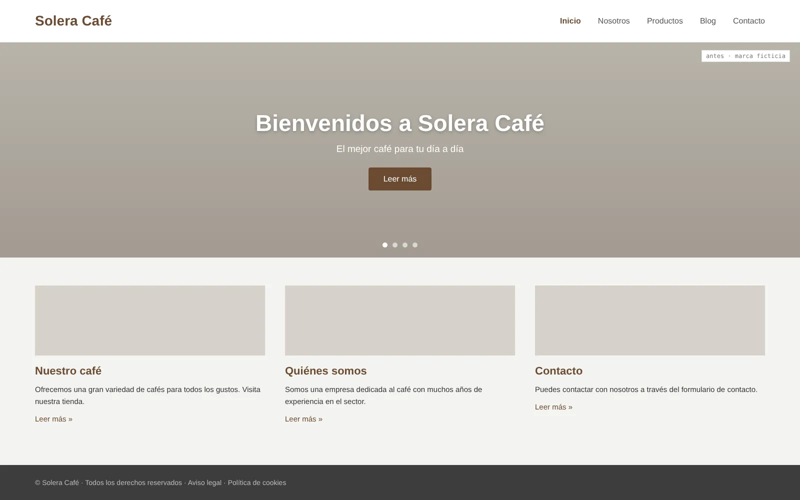 Before: the same brand with a template website, a gray carousel and three “Read more” columns