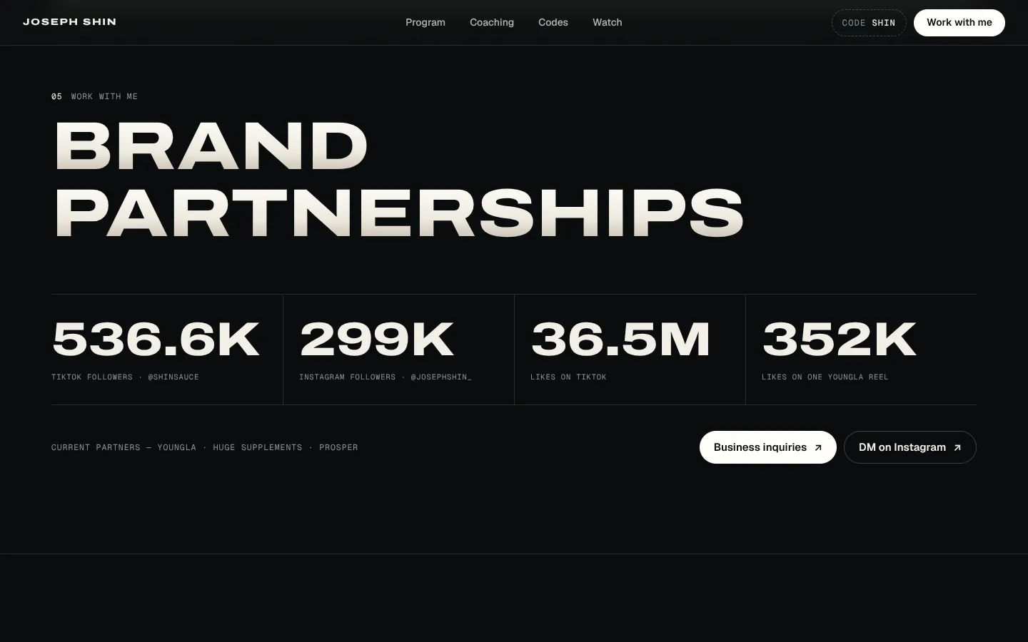 The “Brand partnerships” section with his numbers for brands and the contact buttons